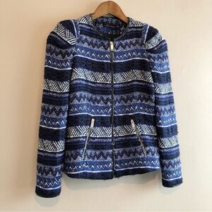 Zara Woman Knitted Tweed Knit Striped Zip Up Long Sleeve Blazer Jacket Top Blue